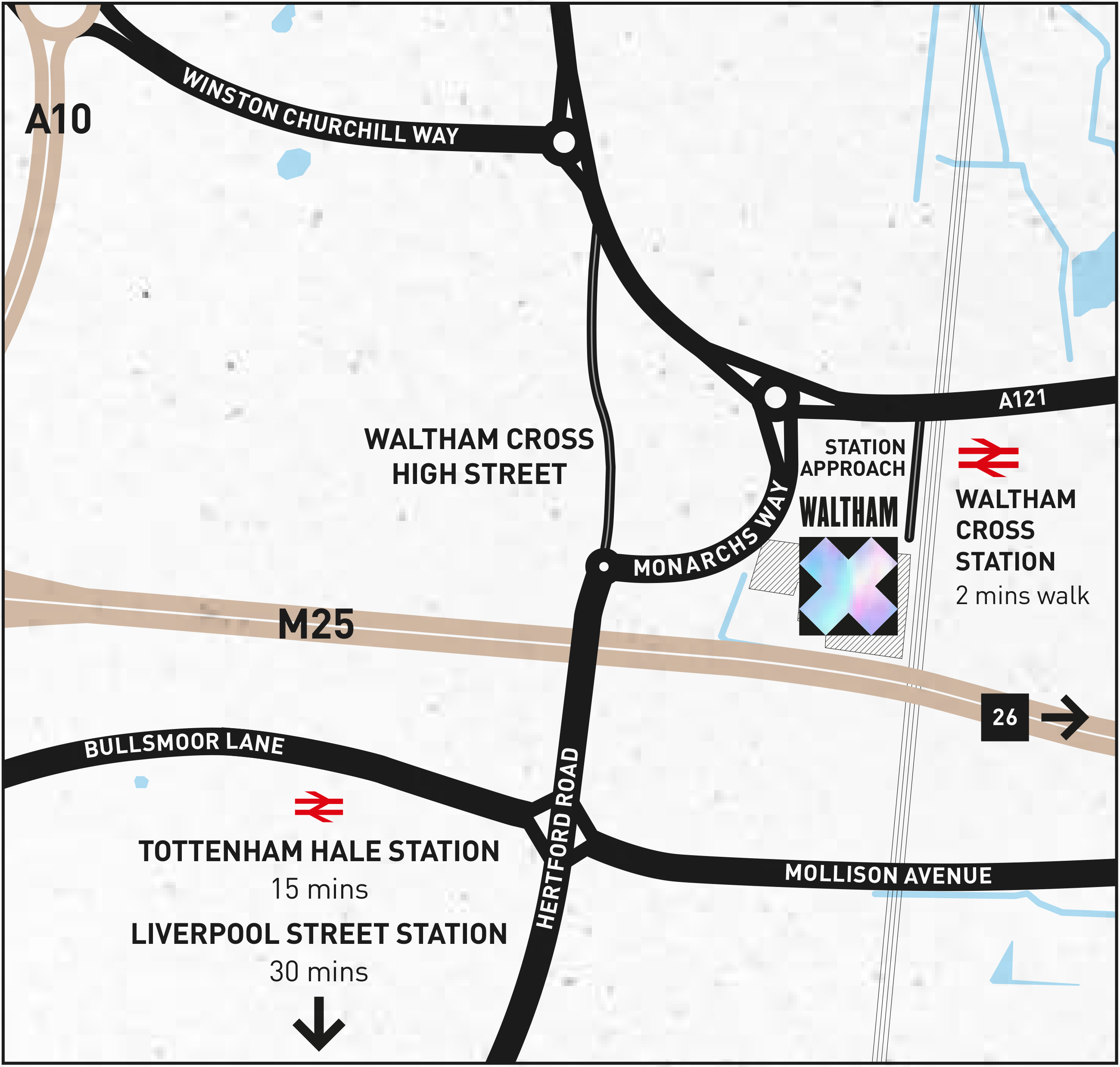 Local map showing Waltham X beside Station Approach and Monarchs Way, next to Waltham Cross Station, with the M25, A10, A121, Hertford Road and Waltham Cross High Street